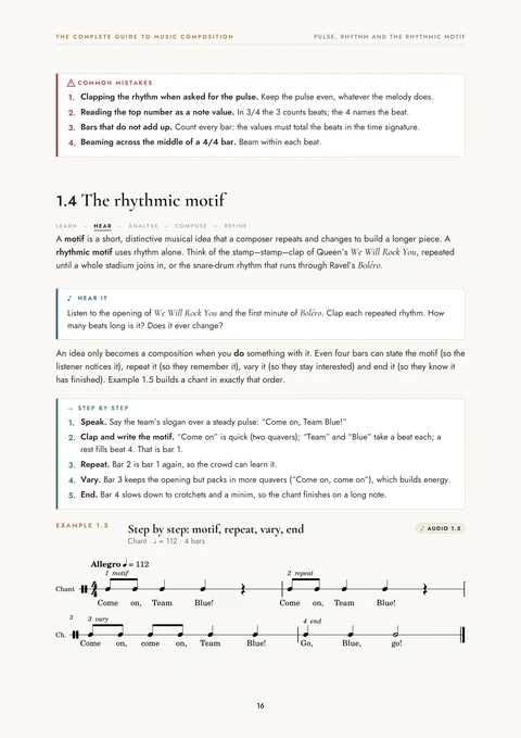 Textbook page on the rhythmic motif with notated examples